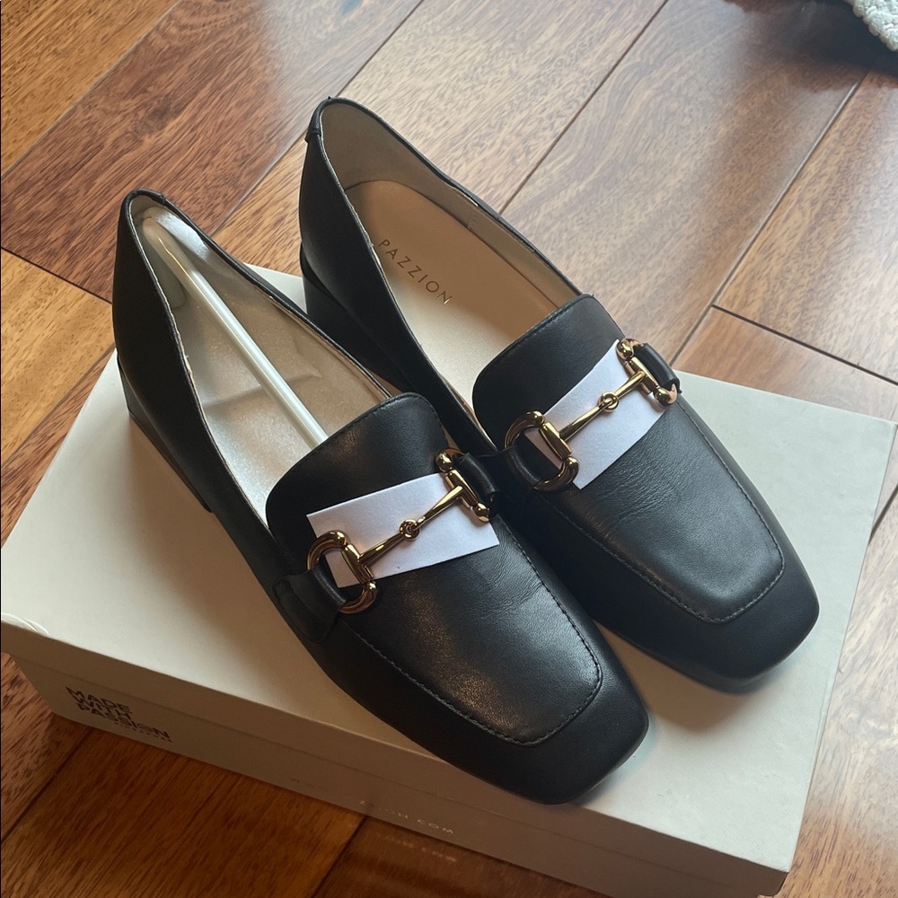 Pazzion Black and White Loafers with Gold Accent